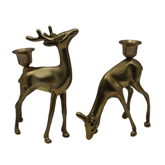 Solid Brass Buck and Doe Reindeer Figurine Candle Holder Set Price Products Vtg - Picture 2 of 11